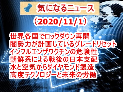 気になるニュース（2020/11/1）・世界各国でロックダウン再開・闇勢力が計画しているグレートリセット・インフルエンザ予防接種の危険性・朝鮮系による日本支配・水と空気でダイヤモンド製造・高度テクノロジーと未来